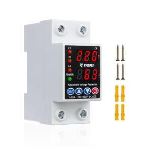 Adjustable Miniature Circuit Breaker 110/230VAC 2P 1~63Amps Adjustable Current Limit Quick Disconnect Overvoltage Undervoltage Time-delay Protection and Automatic Reset Circuit Breaker (Black)