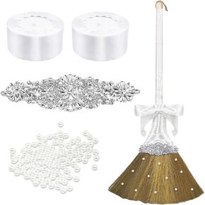 Wedding Brooms for Jumping Ceremony,White Whisk Broom Wedding Broom with White Ribbon and Faux Pearls,Whisk Broom Jumping The Broom for Wedding DIY Wedding Ceremony Crafts