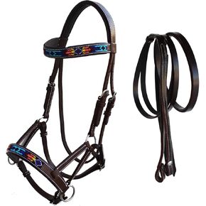 Horse Western Leather Tack Beaded Bitless Sidepull Bridle Reins Brown 77RS16
