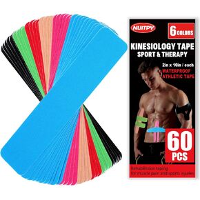 60PCS Pre-Cut Kinesiology Tape Strips, 6 Colors 2 inch x 10 inch Cotton Athletic Tape, Kinetic Tape, Elastic Muscle Tape, Sports Tape, Knee Tape for Exercise and Daily Use
