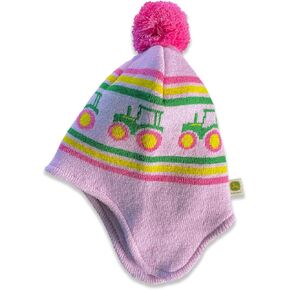 John Deere Toddler Girl Tractor Print Pom Earflap Beanie-Pink