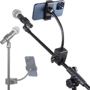 Mic Stand Phone Holder, Flexible Phone Mount with 7.9" Removable Gooseneck for Microphone Music Stand, 360°Adjustable Phone Holder for iPhone 16 Pro Max, 15 Plus, Samsung Galaxy All Smartphones