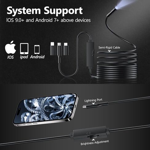 Borescope-endopcy-camera مع 2560 بكسل HD 8 LED LIDCOPE BORESCOPE نصف ريغيد الأفعى الكاميرا BORESCOPE IP67 7.9MM كاميرا borescope ماء 16.4 قدم ، مناسبة لنظام iOS و Android in Kuwait