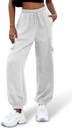 ELLEVEN High Waisted Sweatpants for Women - Baggy Cuffed Jogger with Cargo Pockets and Adjustable Drawstring in Kuwait