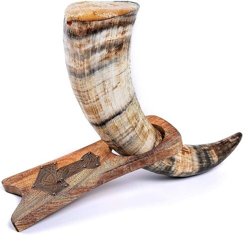Norse Tradesman Genuine 12" Ox-Horn Viking Drinking Horn with Solid Wood Stand Featuring Brass Thor's Hammer Placard | Burlap Gift Sack Included | The Mjolnir, Low-Polish in Kuwait
