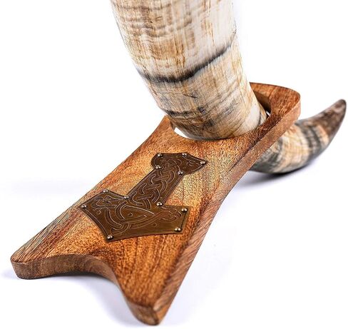 Norse Tradesman Genuine 12" Ox-Horn Viking Drinking Horn with Solid Wood Stand Featuring Brass Thor's Hammer Placard | Burlap Gift Sack Included | The Mjolnir, Low-Polish in Kuwait