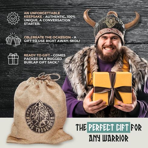 Norse Tradesman Genuine 12" Ox-Horn Viking Drinking Horn with Solid Wood Stand Featuring Brass Thor's Hammer Placard | Burlap Gift Sack Included | The Mjolnir, Low-Polish in Kuwait