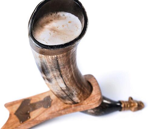 Norse Tradesman Genuine 12" Ox-Horn Viking Drinking Horn with Solid Wood Stand Featuring Brass Thor's Hammer Placard | Burlap Gift Sack Included | The Mjolnir, Low-Polish in Kuwait