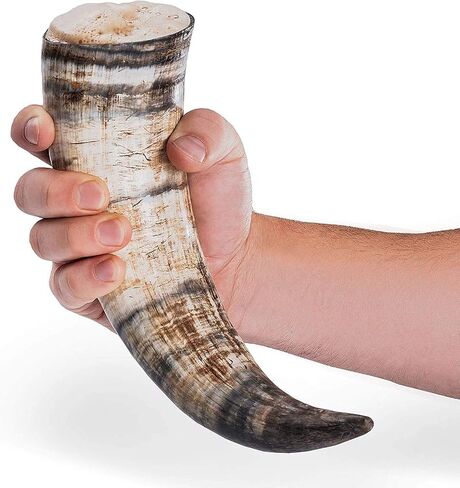 Norse Tradesman Genuine 12" Ox-Horn Viking Drinking Horn with Solid Wood Stand Featuring Brass Thor's Hammer Placard | Burlap Gift Sack Included | The Mjolnir, Low-Polish in Kuwait