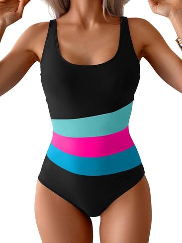 Women's One Piece Swimsuit Slimming Bathing Suit Color Block Scoop Neck Swim Suit in Saudi Arabia