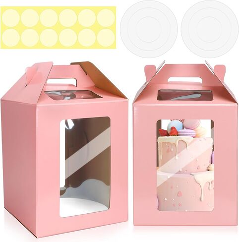 2 Pack Tall Cake Boxes with 2 Round Cake Boards for Tier Cakes Disposable Layer Cake Carrier with Window Take Out Transport Containers with Handle for Birthday Party(10x10x12 Inch, Pink) in Saudi Arabia