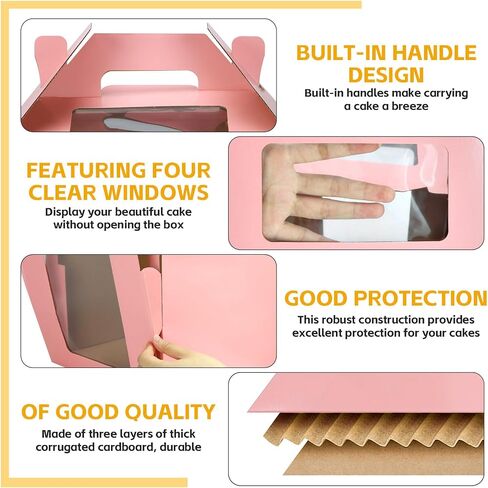 2 Pack Tall Cake Boxes with 2 Round Cake Boards for Tier Cakes Disposable Layer Cake Carrier with Window Take Out Transport Containers with Handle for Birthday Party(10x10x12 Inch, Pink) in Saudi Arabia