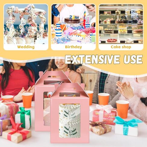 2 Pack Tall Cake Boxes with 2 Round Cake Boards for Tier Cakes Disposable Layer Cake Carrier with Window Take Out Transport Containers with Handle for Birthday Party(10x10x12 Inch, Pink) in Saudi Arabia
