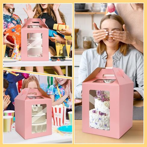 2 Pack Tall Cake Boxes with 2 Round Cake Boards for Tier Cakes Disposable Layer Cake Carrier with Window Take Out Transport Containers with Handle for Birthday Party(10x10x12 Inch, Pink) in Saudi Arabia