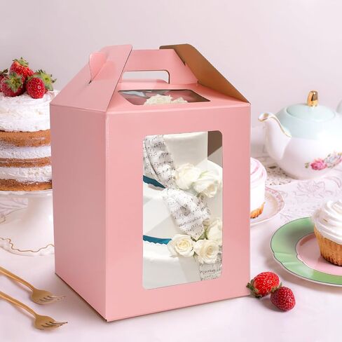2 Pack Tall Cake Boxes with 2 Round Cake Boards for Tier Cakes Disposable Layer Cake Carrier with Window Take Out Transport Containers with Handle for Birthday Party(10x10x12 Inch, Pink) in Saudi Arabia