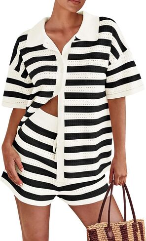 PRETTYGARDEN Women's 2 Piece Shorts Sets Casual Summer 2025 Short Sleeve Striped Sweater Set Matching Beach Vacation Outfit in Saudi Arabia
