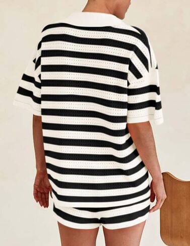 PRETTYGARDEN Women's 2 Piece Shorts Sets Casual Summer 2025 Short Sleeve Striped Sweater Set Matching Beach Vacation Outfit in Saudi Arabia