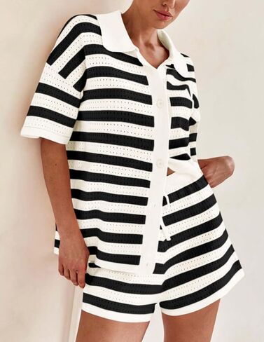 PRETTYGARDEN Women's 2 Piece Shorts Sets Casual Summer 2025 Short Sleeve Striped Sweater Set Matching Beach Vacation Outfit in Saudi Arabia