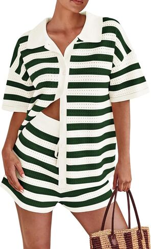 PRETTYGARDEN Women's 2 Piece Shorts Sets Casual Summer 2025 Short Sleeve Striped Sweater Set Matching Beach Vacation Outfit in Saudi Arabia