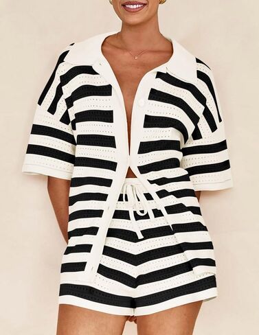 PRETTYGARDEN Women's 2 Piece Shorts Sets Casual Summer 2025 Short Sleeve Striped Sweater Set Matching Beach Vacation Outfit in Saudi Arabia