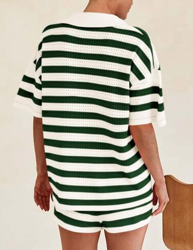 PRETTYGARDEN Women's 2 Piece Shorts Sets Casual Summer 2025 Short Sleeve Striped Sweater Set Matching Beach Vacation Outfit in Saudi Arabia