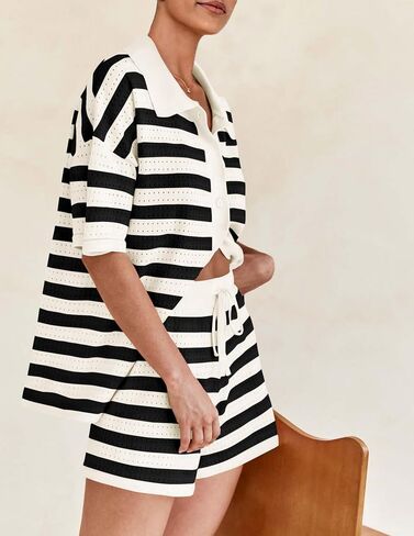 PRETTYGARDEN Women's 2 Piece Shorts Sets Casual Summer 2025 Short Sleeve Striped Sweater Set Matching Beach Vacation Outfit in Saudi Arabia