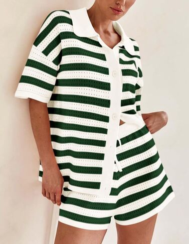 PRETTYGARDEN Women's 2 Piece Shorts Sets Casual Summer 2025 Short Sleeve Striped Sweater Set Matching Beach Vacation Outfit in Saudi Arabia
