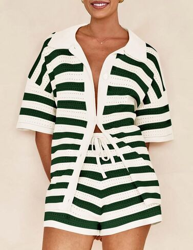 PRETTYGARDEN Women's 2 Piece Shorts Sets Casual Summer 2025 Short Sleeve Striped Sweater Set Matching Beach Vacation Outfit in Saudi Arabia
