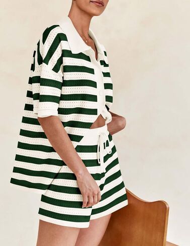 PRETTYGARDEN Women's 2 Piece Shorts Sets Casual Summer 2025 Short Sleeve Striped Sweater Set Matching Beach Vacation Outfit in Saudi Arabia