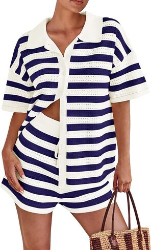 PRETTYGARDEN Women's 2 Piece Shorts Sets Casual Summer 2025 Short Sleeve Striped Sweater Set Matching Beach Vacation Outfit in Kuwait