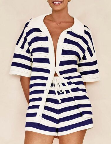PRETTYGARDEN Women's 2 Piece Shorts Sets Casual Summer 2025 Short Sleeve Striped Sweater Set Matching Beach Vacation Outfit in Kuwait