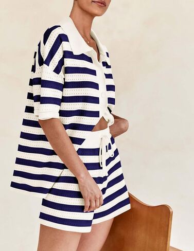 PRETTYGARDEN Women's 2 Piece Shorts Sets Casual Summer 2025 Short Sleeve Striped Sweater Set Matching Beach Vacation Outfit in Kuwait