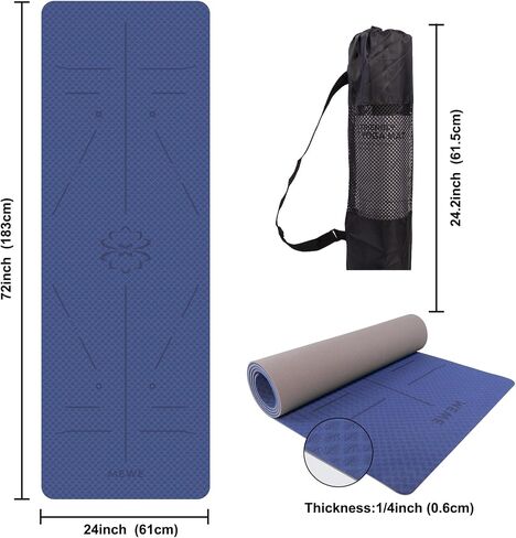 Eco-friendly TPE Yoga Mat,72"L x 24"W x 1/4" (6mm),Double Non-slip Grippy Design,High Density Cushion,lightweight,Free Yoga Bag Included in Saudi Arabia