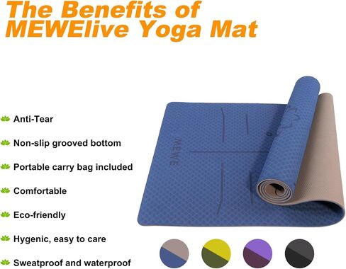 Eco-friendly TPE Yoga Mat,72"L x 24"W x 1/4" (6mm),Double Non-slip Grippy Design,High Density Cushion,lightweight,Free Yoga Bag Included in Saudi Arabia