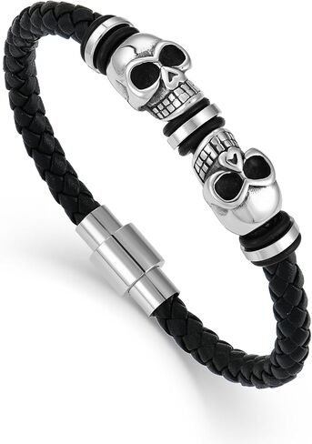Mens Leather Skull Bracelet Multi-Layer Braided Skeleton Bracelet Punk Hip Hop Wristband Father's Day Birthday Jewelry Gifts for Men 8.5" Stainless Steel Buckle Bangle in Kuwait