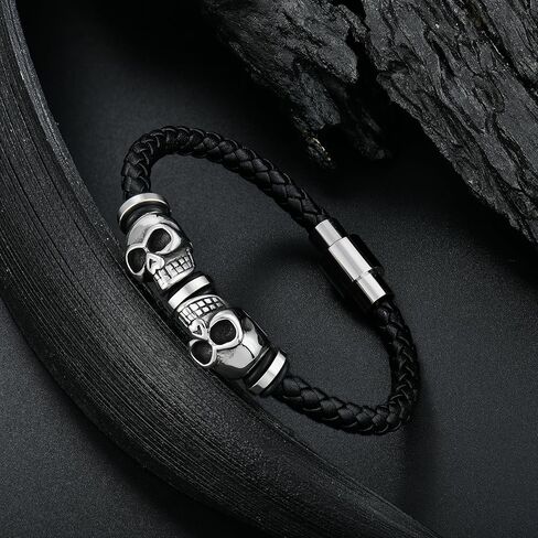 Mens Leather Skull Bracelet Multi-Layer Braided Skeleton Bracelet Punk Hip Hop Wristband Father's Day Birthday Jewelry Gifts for Men 8.5" Stainless Steel Buckle Bangle in Kuwait