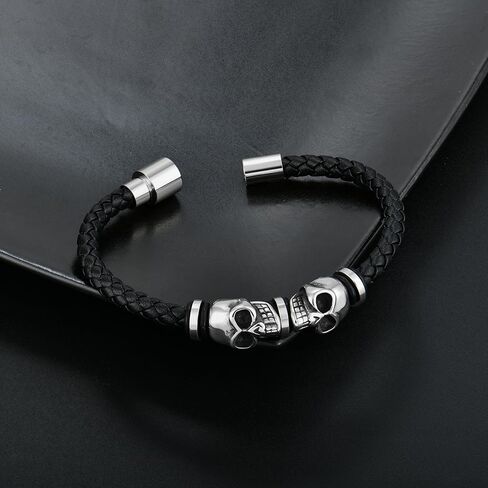 Mens Leather Skull Bracelet Multi-Layer Braided Skeleton Bracelet Punk Hip Hop Wristband Father's Day Birthday Jewelry Gifts for Men 8.5" Stainless Steel Buckle Bangle in Kuwait