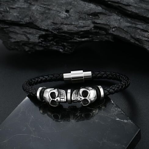 Mens Leather Skull Bracelet Multi-Layer Braided Skeleton Bracelet Punk Hip Hop Wristband Father's Day Birthday Jewelry Gifts for Men 8.5" Stainless Steel Buckle Bangle in Kuwait