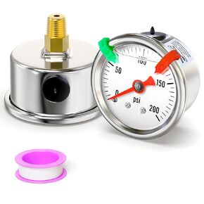 0-100psi Stainless Steel Glycerin Liquid Filled Pressure Gauge 1/8" NPT 1.5" Face Dial, Center Back Mount, for Water, Oil and Air Pressure Testing (with Range Mark Pointer)