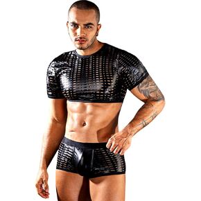 Kaei&Shi Mens Crop Top,Short Sleeve Shirt,Hollow Out Shorts Set Sexy Club Outfits Black