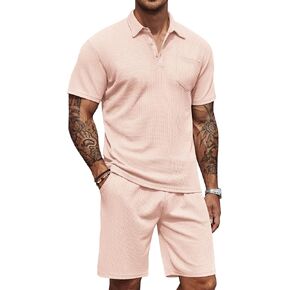 COOFANDY Men's Waffle Knit Polo Shirt and Shorts Set 2 Pieces Outfits Summer Suit Casual Tracksuit with Pockets