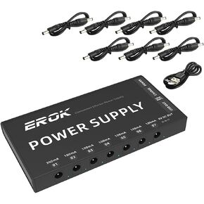 Guitar Pedal Power Supply,Erok Portable 7 Isolated DC Output Built-in Rechargeable Battery for 9V Guitar Bass Effect Pedals with USB Port for Mobile Devices