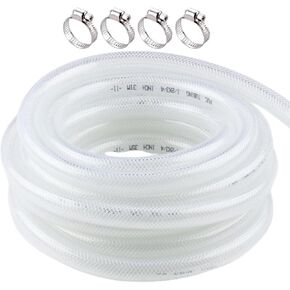 High Pressure Braided Clear Flexible PVC Tubing 1/2" ID x 3/4" OD - 25 Ft Heavy Duty Reinforced Vinyl Hose with 4 Stainless Clamps.