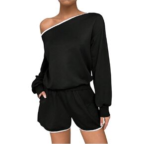 Verdusa Women's 2 Piece Outfit Color Block Off The Shoulder Long Sleeve Top and Shorts Sweatsuit Set
