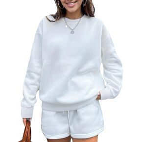 Sweat Sets for Women 2 Piece Shorts Fleece Liner Drop Shoulder Crewneck Oversized Tops Warmth Winter Sweatshirt Suit