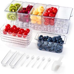 Chilled Condiment Tray Server with 5 Containers and Removable Compartments, Large Ice Chilled Condiment Organizer, Clear Garnish Serving Platter for Fruit, Salad, Food, Bar Accessories