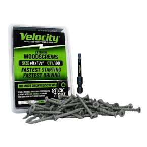 Velocity Exterior 1 1/2 Wood Screws DIY Pack (Size #8) Fence Screws for Wood, Stick Tight Technology, Made with Carbon Steel, Includes 1 Hexstix Drive Bit (100 Pieces)