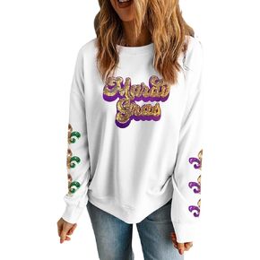 Mardi Gras Sweatshirt for Women Sequin Graphic Crewneck Long Sleeve Casual Pullover Sweatshirts Tops