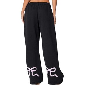Ythomm Women Bow Graphic Trim Sweatpants Straight Wide Leg High Waist Elastic Lounge Pants Loose Joggers Trousers with Pocket