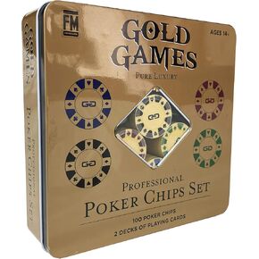 مجموعة رقائق البوكر الاحترافية من Gold Games، 100 شريحة بوكر، مجموعتان من أوراق اللعب، مقاومة للماء، ذهبية وجريئة بأسلوب الكازينو الحقيقي